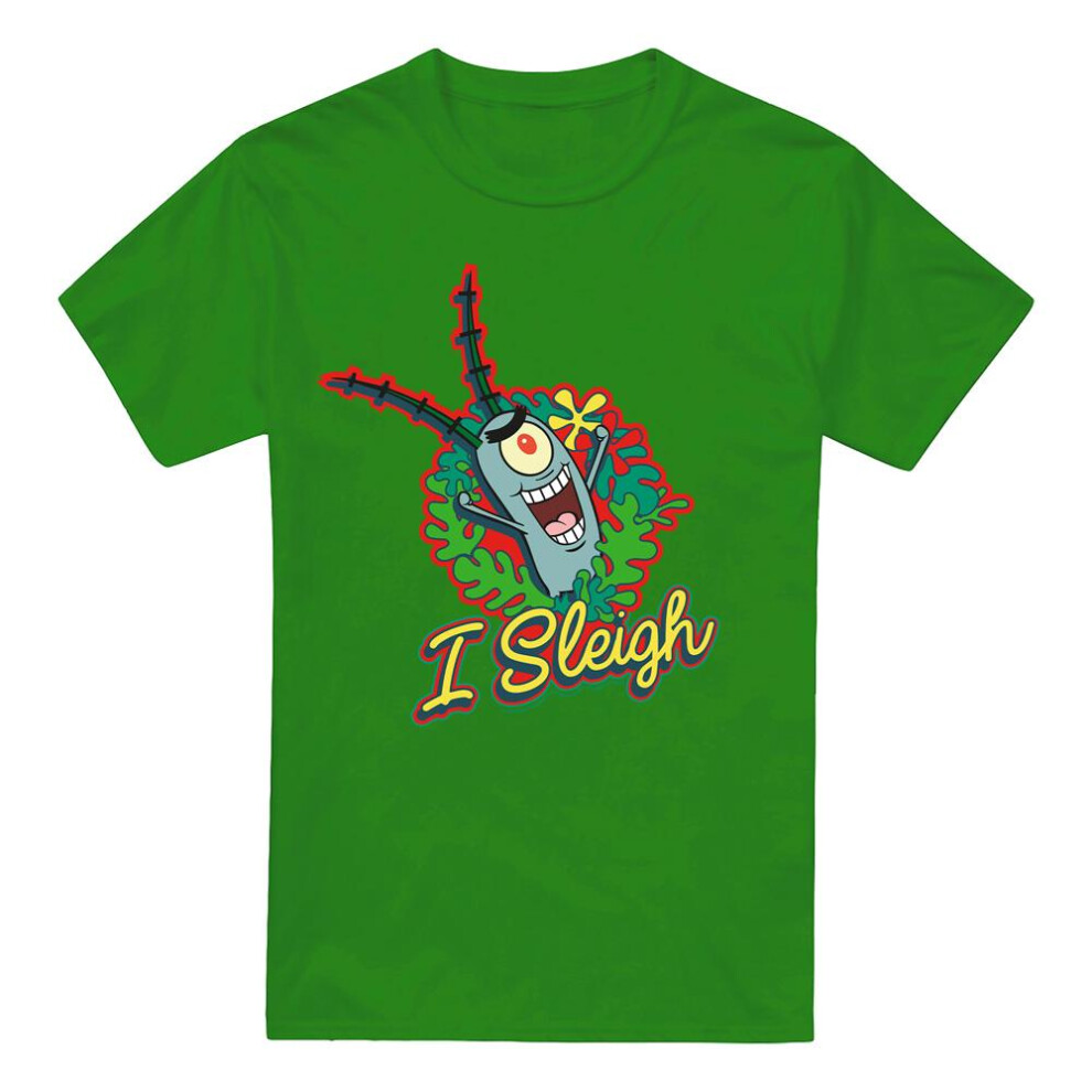 Spongebob Squarepants (S, Kelly ) I Sleigh Plankton Wreath Christmas T-Shirt Men's Green