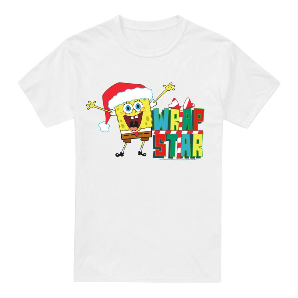 (4XL, White) SpongeBob SquarePants Mens Wrap Star At Christmas T-Shirt