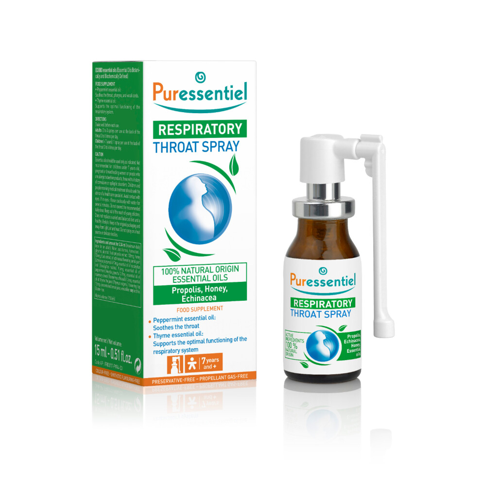Puressentiel Respiratory Throat Spray 15 ml Natural Throat Relief Spray with Propolis Honey and Echinacea for Sore Throat and Vocal Cord Support