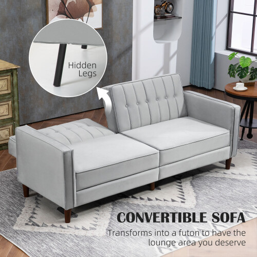 Homcom HOMCOM Convertible Sofa Futon Velvet-Touch Tufted Couch Sofa Bed Grey 2
