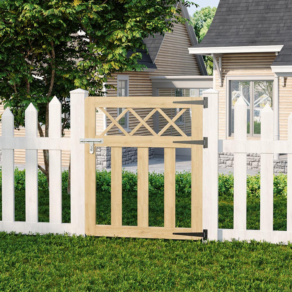 (Light Yellow, 76m W x 90cm H) Outdoor Cross Top Wooden Garden Gate Pedestrian Fence Yard Door