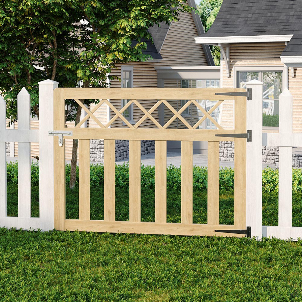 (Light Yellow, 120cm W x 90cm H) Outdoor Cross Top Wooden Garden Gate Pedestrian Fence Yard Door