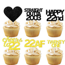 18 stuks Zwart Goud Glitter Dessert Cupcake Pick voor Straight Outta 2003 Cheer to 22 Years Old Theme Decor Supplies Happy 22nd Birthday Party Decora