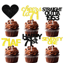18 stuks Zwart Goud Glitter Dessert Cupcake Pick voor Straight Outta 1953 Cheer to 71 Year Old Theme Decor Supplies Happy 71st Birthday Party Decorat