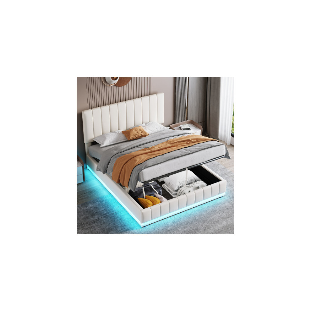 (Cream White) 5ft King Bed Frame with Adjustable Channel Tufted Headboard，with LED Lighting，with Hydraulic Storage，PU Leather