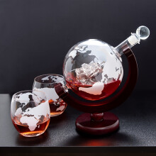 (Wine Bottle 2 Cups) Whiskey Decanter Set World Globe with 2 Glasses - 30oz/910ml Glass Carboy, Etched Globe Design