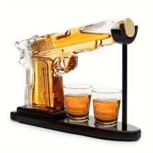 (1 Pistol 2 Shot Glasses) Plastic Pistol Gun Whiskey Decanter Set With Stand And Two Shot Glasses - 9 Oz Unique Liquor Dispenser
