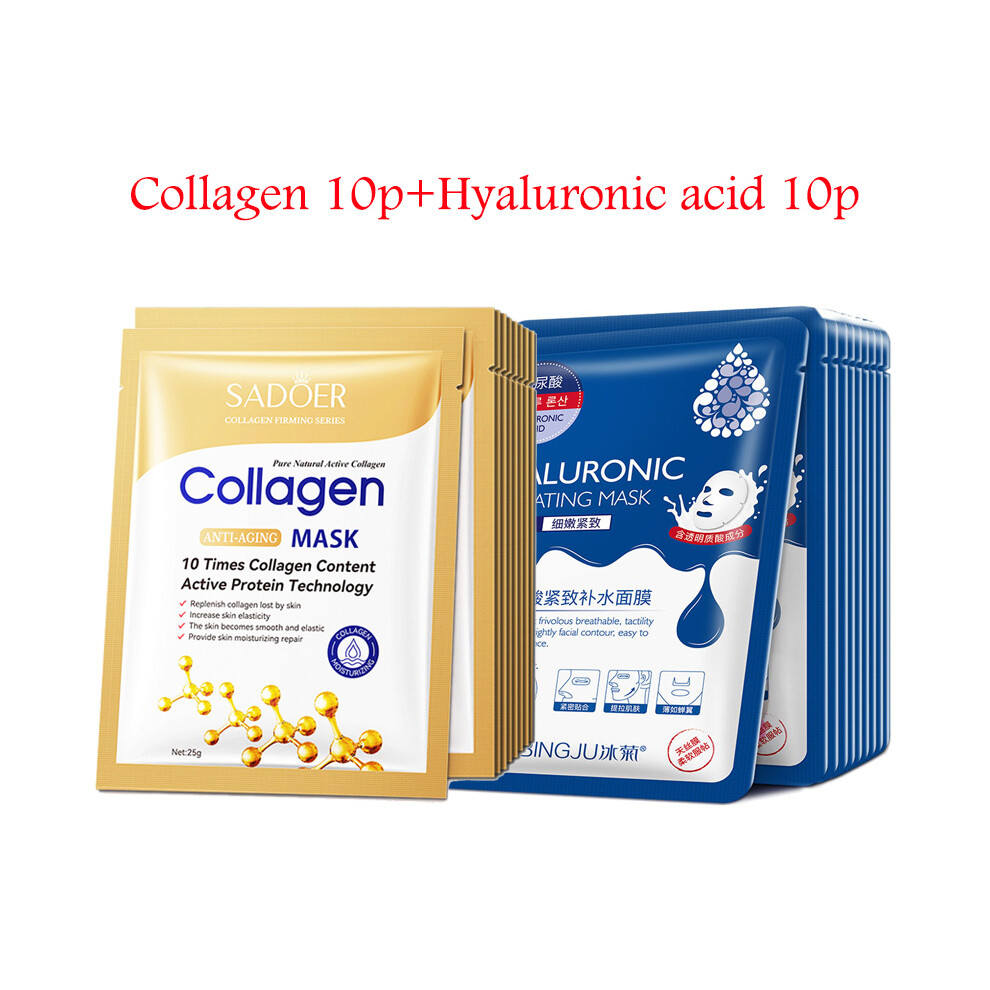 Flemye (H) 20Pcs Hyaluronic Acid Collagen Face Mask Skincare Moisturizing Firming Hydrating Facial Masks Sheet Mask
