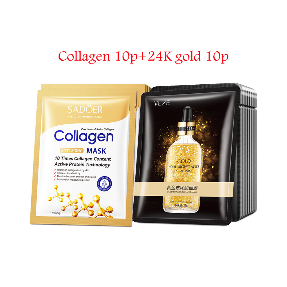 Flemye (F) 20Pcs Hyaluronic Acid Collagen Face Mask Skincare Moisturizing Firming Hydrating Facial Masks Sheet Mask