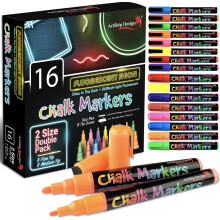 16 UV Fluorescent Neon Kritor - Dubbelpack med Fine & Reversibla Medeltjocka Flytande Kritor