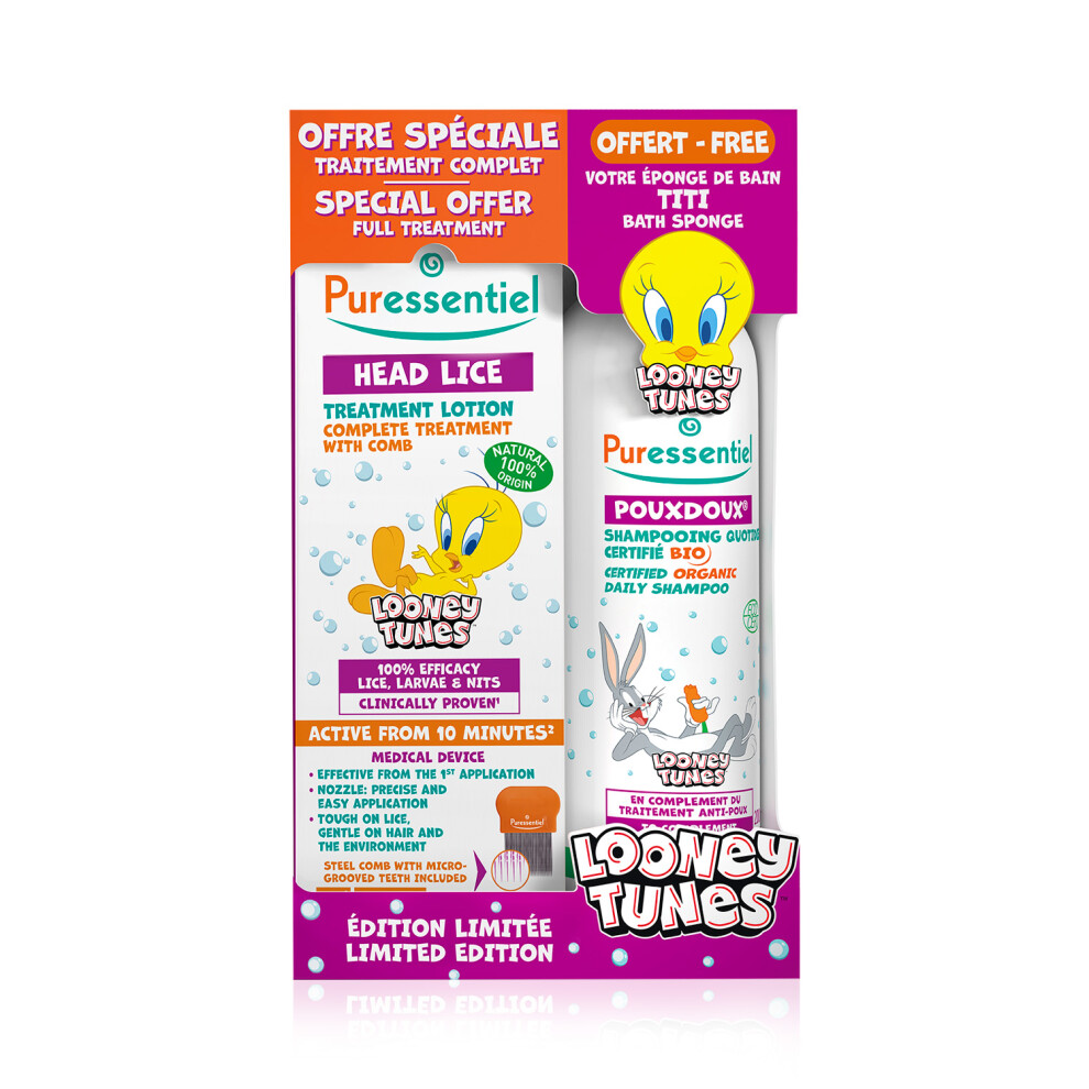 Puressentiel Looney Tunes Head Lice Removal Lotion | Kids Lice Treatment, Natural Lice Solution + Comb + Shampoo Combo Pack