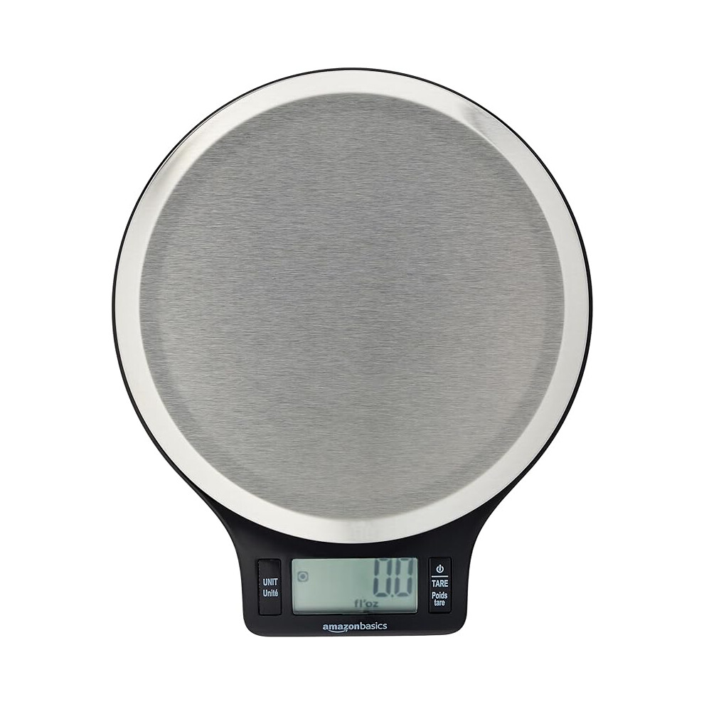 Amazon Basics Digital kitchen scales with LCD display (with batteries), Black and Stainless Steel, BPA free, Weighs up to 11 pounds