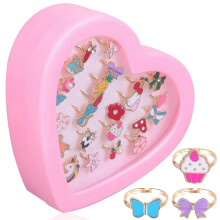 (As show, One size) 24 Pcs Adjustable Rings for Girls Finger Rings Dress-up Rings with Display Case for Kid Children