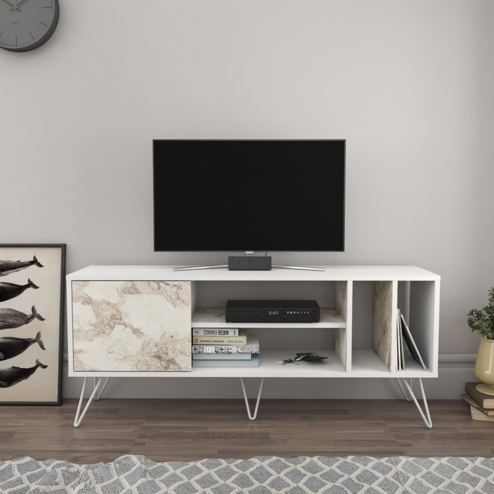 Meuble tv mistico de 140 cm avec ?tag?res ouvertes et armoire (blanc et effet marbre blanc)