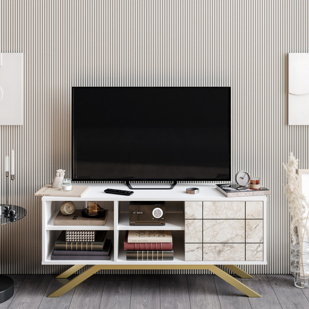 Meuble tv north 130 cm avec cabinet et ?tag?s, pieds en m?tal (blanc, effet marbre blanc et dor?)