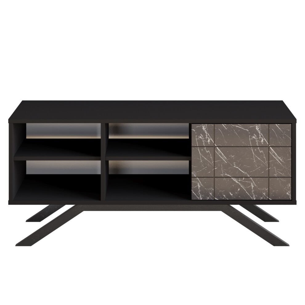 Meuble tv north 130 cm avec cabinet et ?tag?s, pieds en m?tal (noir et effet marbre noir)