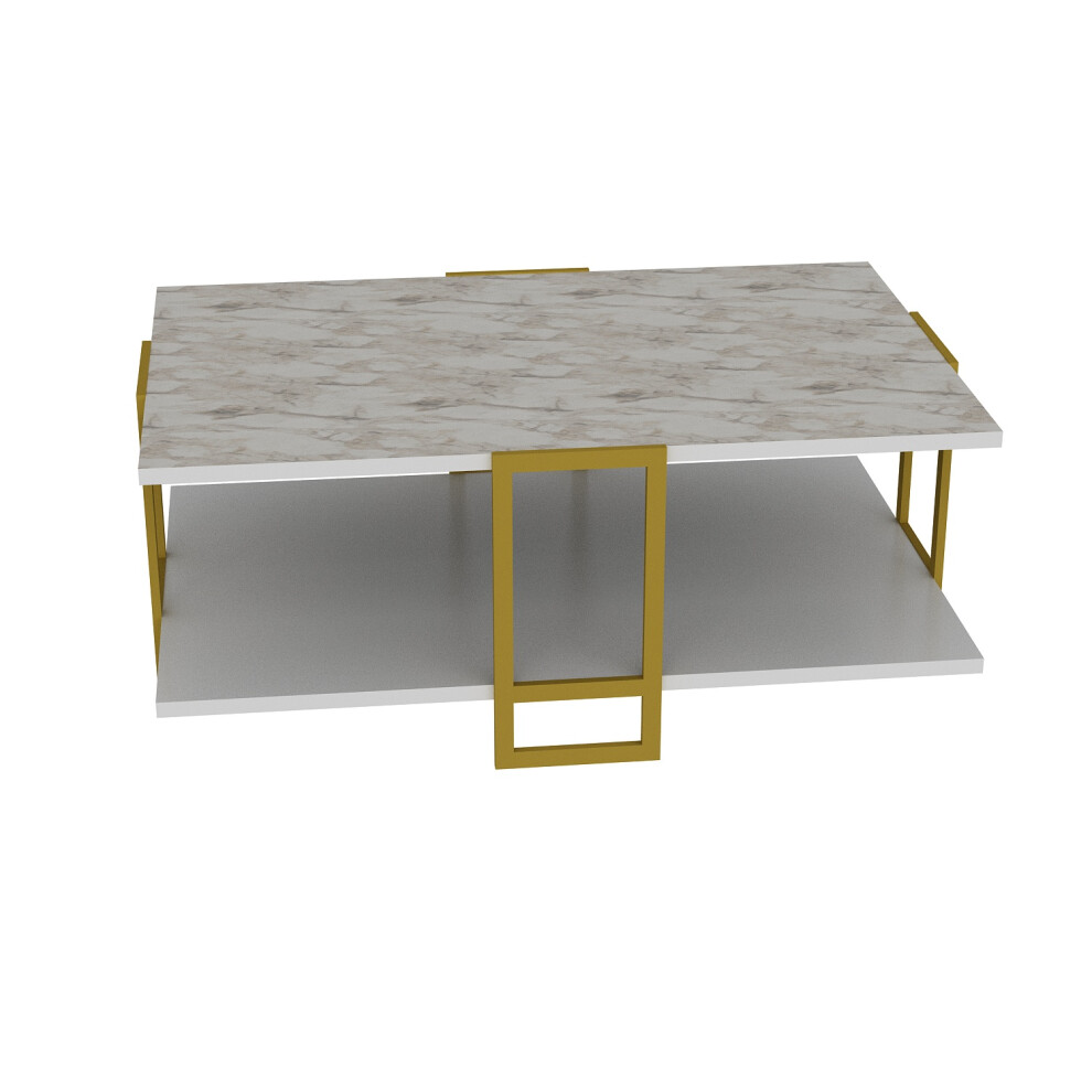 Table basse polka avec cadre m?talique dor? (effet marbre blanc)