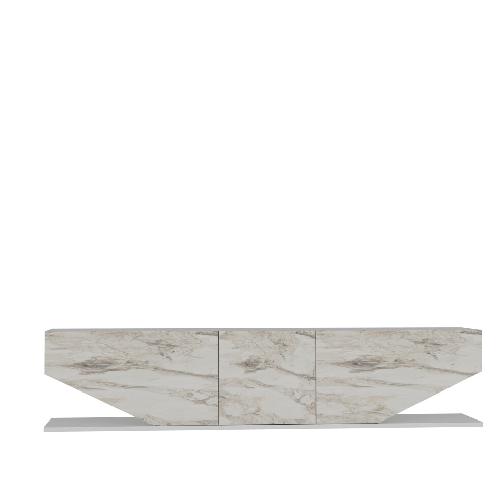 Meuble tv pearl de 180 cm avec des armoires en style ailes (blanc et effet marbre blanc)