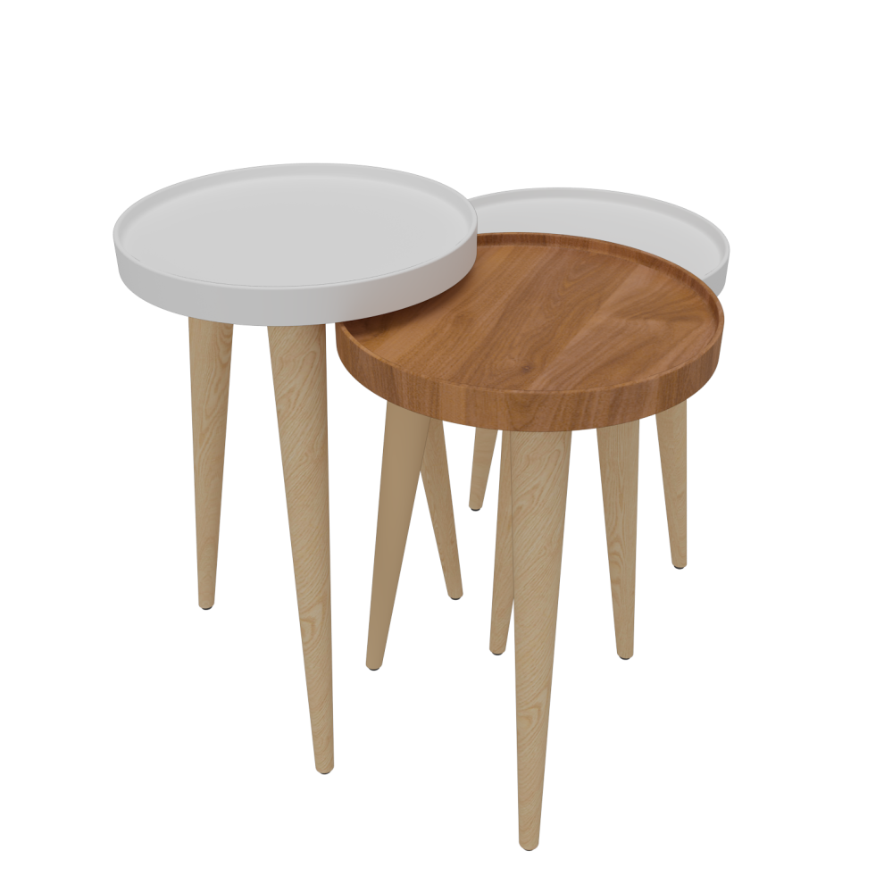 Tables gigones, set de 3, pieds en bois, color?s (blanc et noyer)