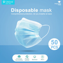 (100) Celebrat Disposable Face Mask Anti-Dust, Anti-Bacterial 3-Layer Earloops Mouth Cover (50 Pack)