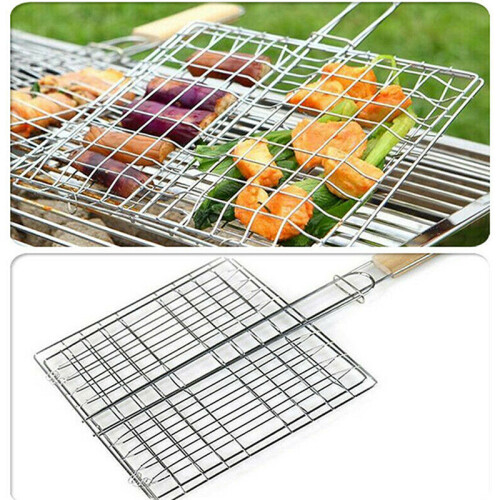 BBQ Long Handle Grill Basket Barbecue Rack Meat Burger Fish Stand