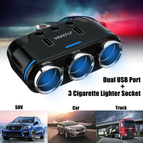 3 in 1 Cigarette Lighter Socket Splitter 12V Dual USB Charger Power Adapter Car