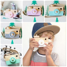 (Blue) Wood Camera Toy Children Room Decor Natural Safe Wooden Fun Toys