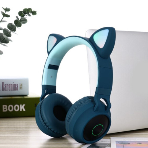 (Blue) Cat Ear Bluetooth Headphones LED Lights Earphone