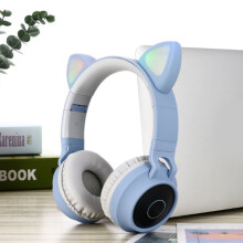 (Gray Blue) Cat Ear Bluetooth Headphones LED Lights Earphone