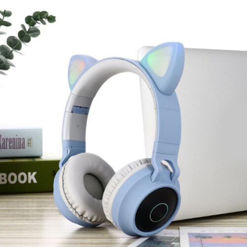 (Gray Blue) Cat Ear Bluetooth Headphones LED Lights Earphone