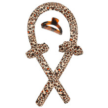 (Leopard) Women Silk Ribbon Hair Curler Heatless Curling Rod Headband Wave Former