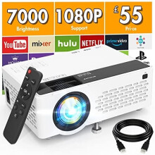 QAK Projector 1080P Full HD Supported, 7000 Lumens Mini Projector, Portable Projector Compatible with TV Stick HDMI VGA USB TF AV, Video Projector fo