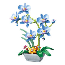 (Blue) Flower bouquet phalaenopsis potted plant blocks simulation flowers living room office ornaments assembled toys Valentine's Day gift