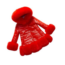 (Red, 5-6 Years) Girls Kids Winter Coat Jacket PU Puffer Fur Hooded