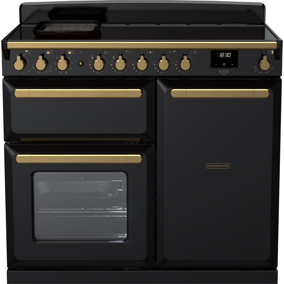 Rangemaster Estel Deluxe 100cm Electric Range Cooker with Induction Hob - Black / Antique Brass - A/A Rated