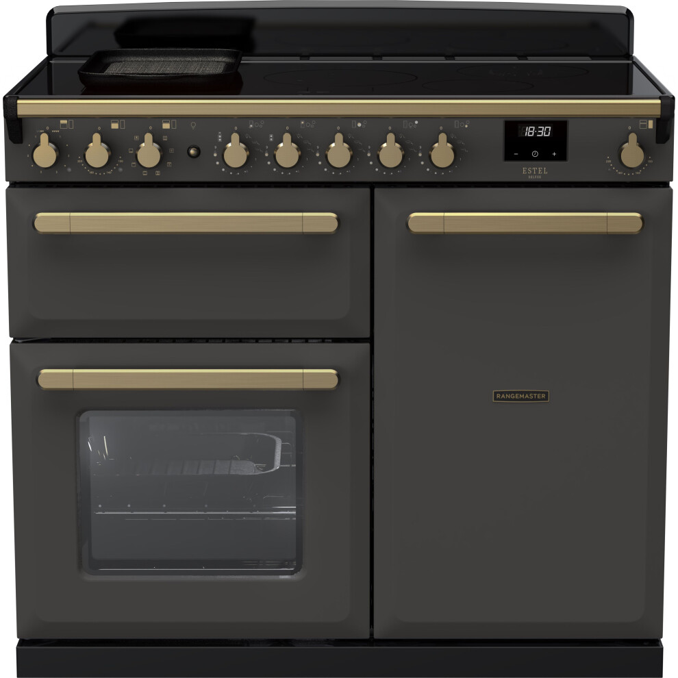 Rangemaster Estel Deluxe Esdl100eipslt/Ab1 100Cm Electric Range Cooker With Induction Hob - Slate / Antique Brass - A/A Rated