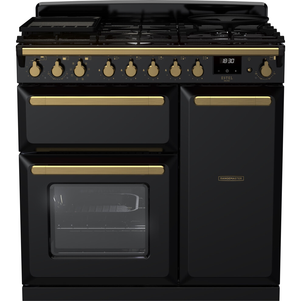 Rangemaster Estel Deluxe 90Cm Dual Fuel Range Cooker – /Antique Brass, A/A Rated Black