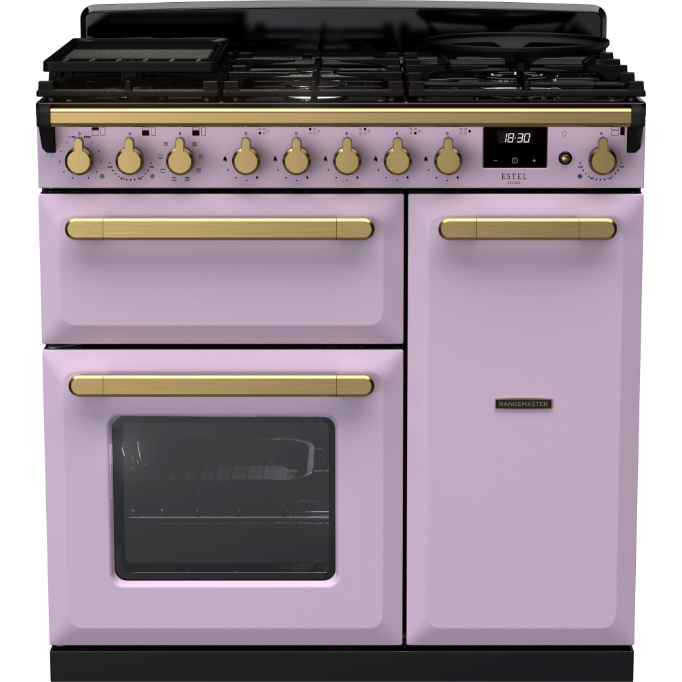 Rangemaster Estel Deluxe 90cm Dual Fuel Range Cooker – Heather/Antique Brass, A/A Rated