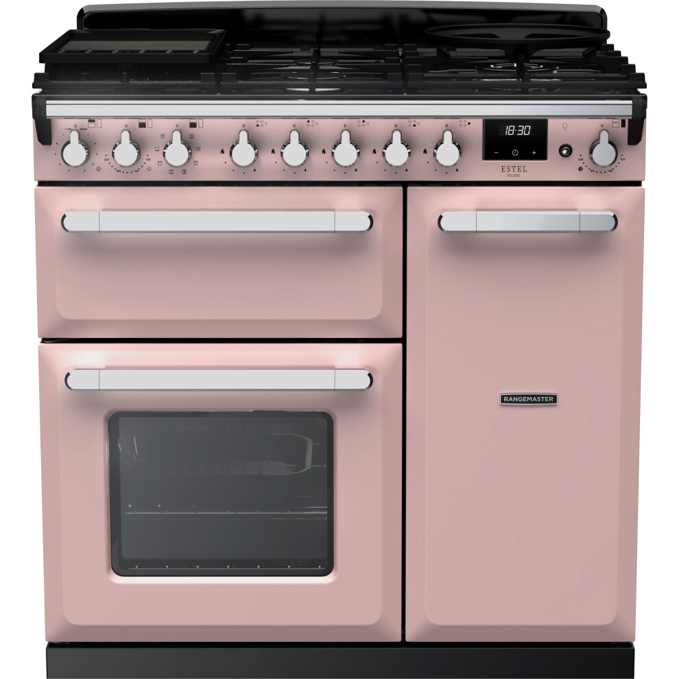 Rangemaster Estel Deluxe 90Cm Dual Fuel Range Cooker – Pale /Chrome, A/A Rated Pink