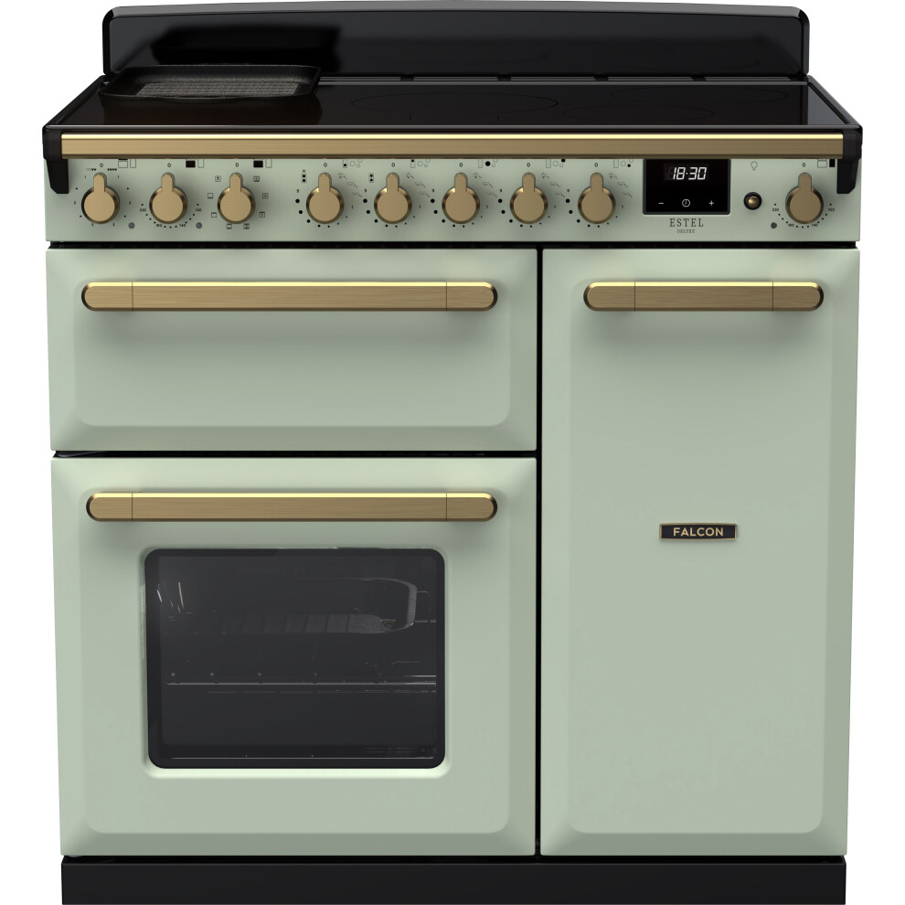 Rangemaster Estel Deluxe 90cm Electric Range Cooker with Induction Hob - Mint / Antique Brass - A/A Rated