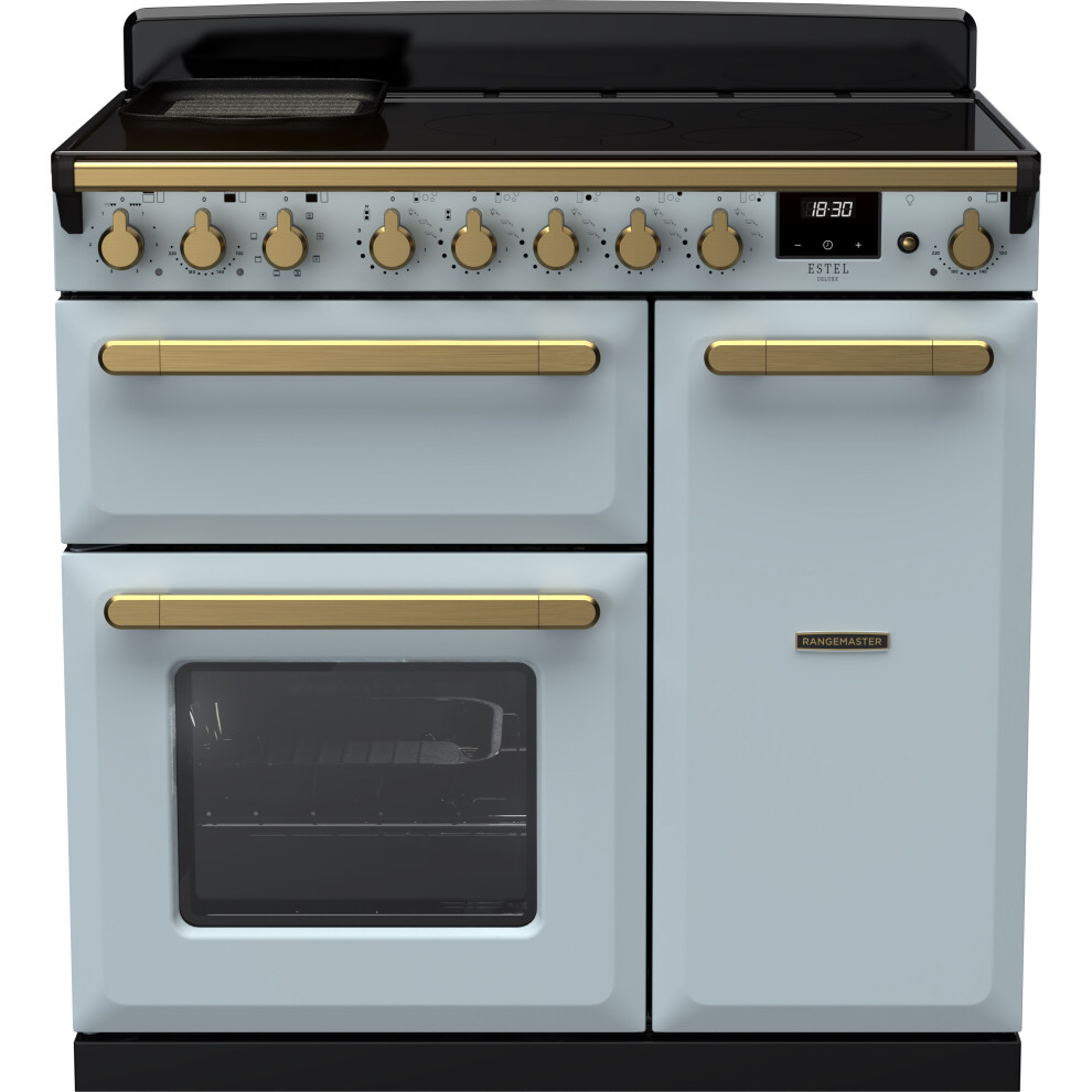 Rangemaster Estel Deluxe 90cm Electric Range Cooker with Induction Hob - Misty Blue / Antique Brass - A/A Rated