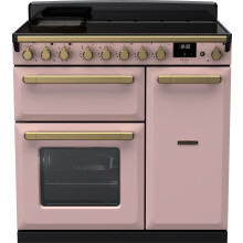 Rangemaster Estel Deluxe 90cm Electric Range Cooker with Induction Hob - Pale Pink / Antique Brass - A/A Rated