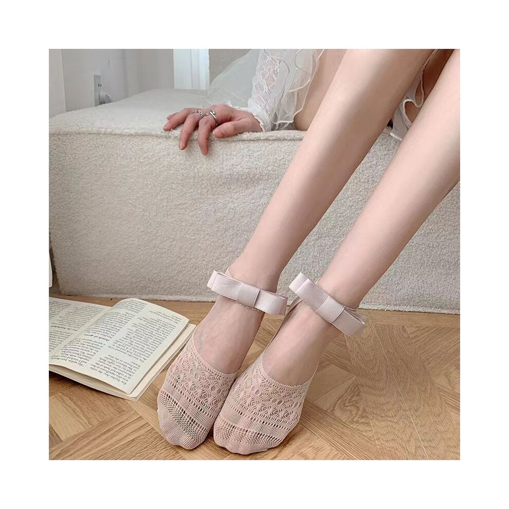 (complexion) 5 Pairs bowknot Show Socks for Women, Non Slip Lace Invisible Socks, Low Cut Liner Boat Socks Lace Socks