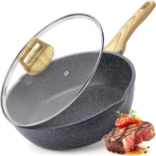 (28cm, Gray) Non-stick Deep Frying Pan - 4.3L Grey Granite Frying Pan with Lid, Pour Spout and Cooling Handle, Non-stick