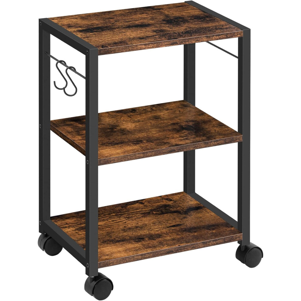 (Rustic Brown, Black) Printer Stand, 3 Tier Under Desk Printer Cart with Storage Rack, Heavy Duty Printer Table with Wheels for Home and Office