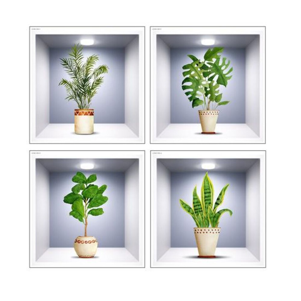 (E) 4Pcs/Set Potted Plants Wall Sticker 3D Effect Self-adhesive Waterproof PVC Removable Living Room Bedroom Modern Wall Art Green Plant Decoration