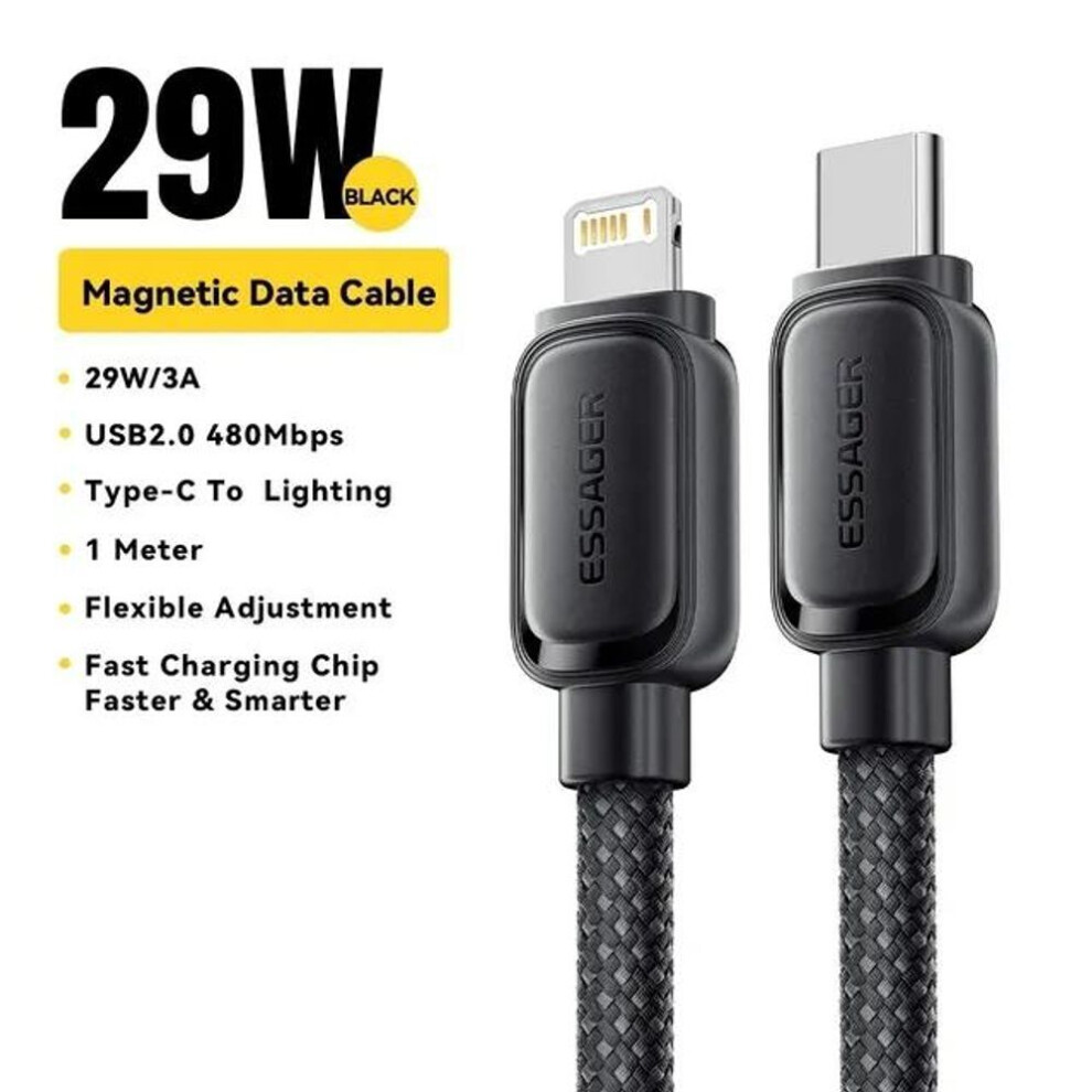 (black, 1m) Essager Pd29w Usb C To Lighting Magnetic Fast Charger Tangle-free Cable For Iphone 14 13 12 11 Pro Max