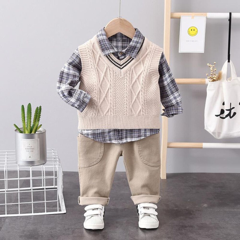 (beige, 100cm) 2023 New 3pcs Children&apos;s Suit Children&apos;s Cute Knitting Sweater Vest Boys&apos; Plaid Shirt Long Sleeve Vest