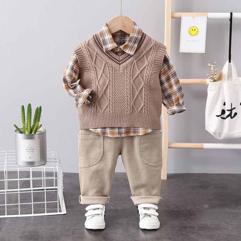 (brown, 120cm) 2023 New 3Pcs Children&apos;s Suit Children&apos;s Cute Knitting Sweater Vest Boys&apos; Plaid Shirt Long Sleeve Vest