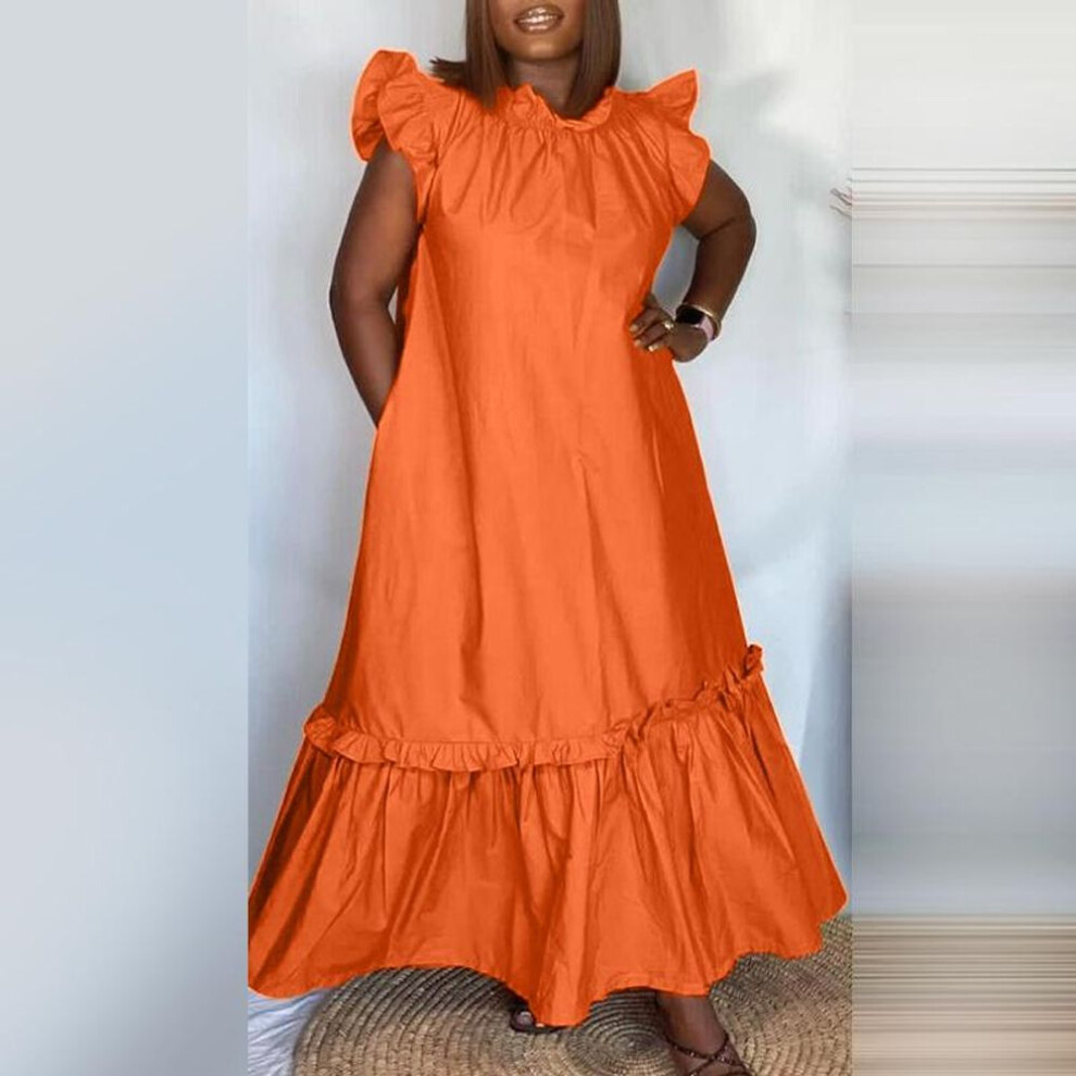 (orange, S) VONDA Women&apos;s Large Size Stand Collar Flying Sleeve Ruffle Solid Colour Loose Dress